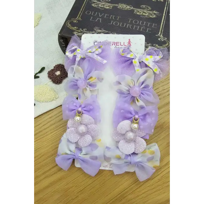 10lu Yumuşak Astarlı Kız Bebek Toka Seti Lila - İnci Taşlı Kelebekli Tül Fiyonk Pens Saç Tokası