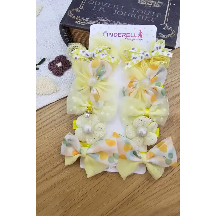 10lu Yumuşak Astarlı Kız Bebek Toka Seti Sarı - Çocuk İncili Taşlı Kelebek Fiyonklu Pens Saç Tokası
