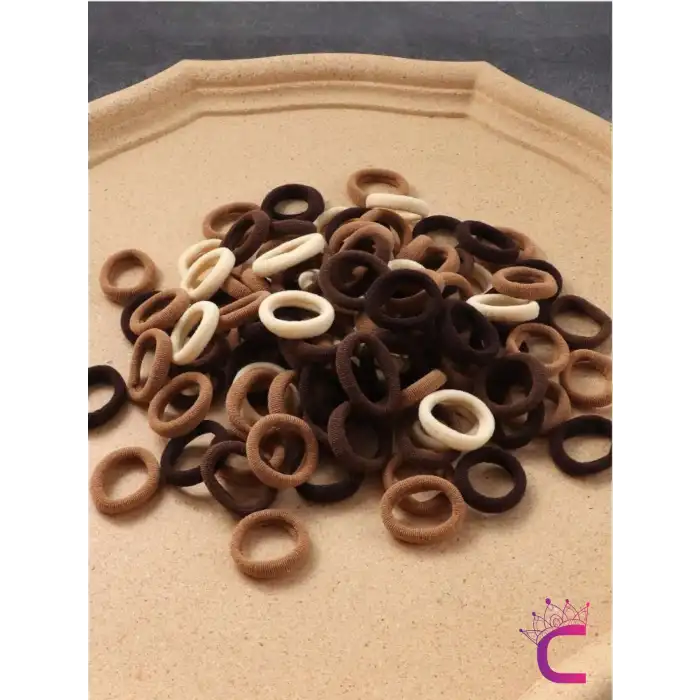 100lü Günlük Kahve Tonlu Çantalı Küçük Lastik Toka Seti - Kız Çocuk Yumuşak Lastikli Saç Tokası