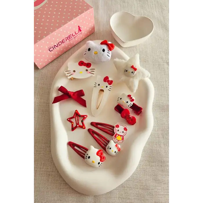 11li Hediyelik Kutulu Hello Kitty Toka Seti Kırmızı- Kız Çocuk Bebek Saç Tokası Doğum Günü Hediyesi