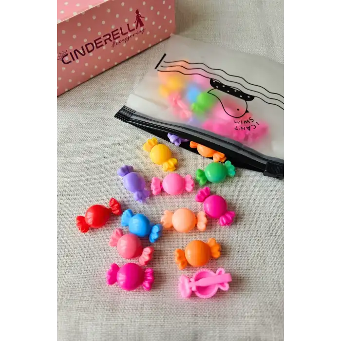 12li Bayram Şekeri Tasarım Kız Çocuk Renkli Saç Süsü Toka Seti - Örgü Saç Boncuğu Kıstırmalı Toka