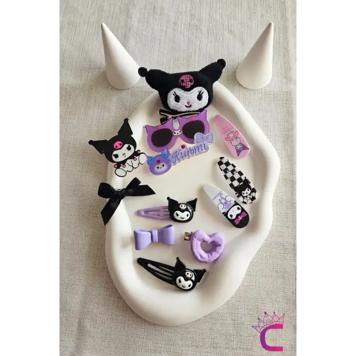 12li Hediyelik Kutulu Kuromi Toka Seti - Kız Çocuk Bebek Çıtçıt Pens Saç Tokası Doğum Günü Hediyesi