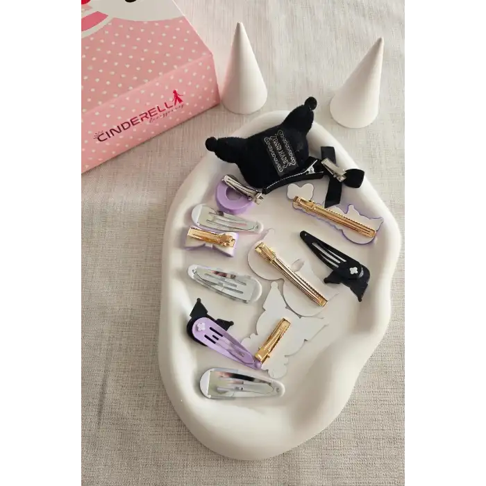 12li Hediyelik Kutulu Kuromi Toka Seti - Kız Çocuk Bebek Çıtçıt Pens Saç Tokası Doğum Günü Hediyesi