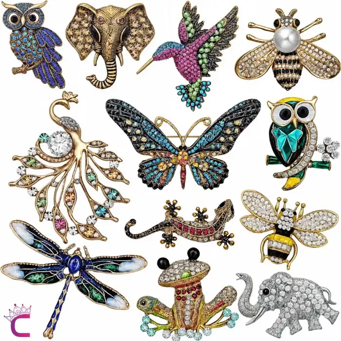 12li Zirkon Taşlı Tasarım Broş Seti - Arı Baykuş Tavus Kuşu Kurbağa Kelebek Fil Yusufçuk Kertenkele