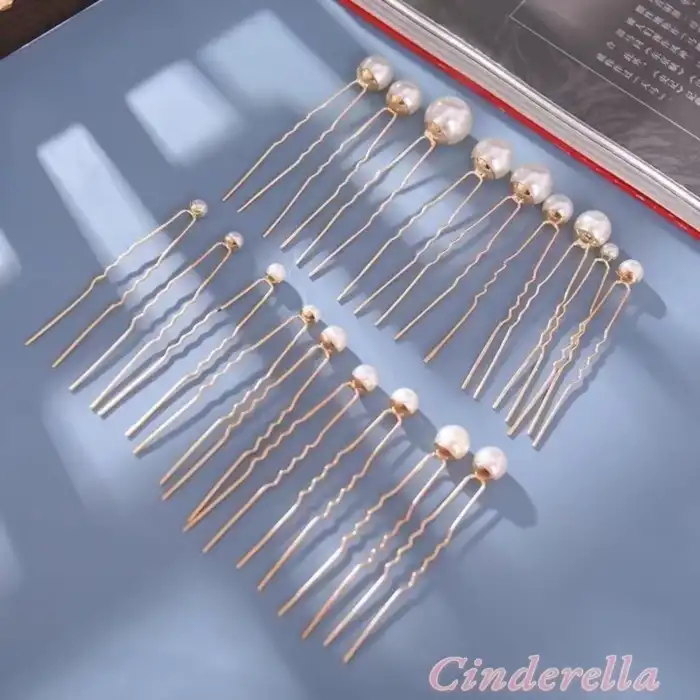 18li Düğün Gelin İnci Firkete Set Gold - Nişan Topuz Tokası - Doğum Günü Parti Saç Aksesuarı