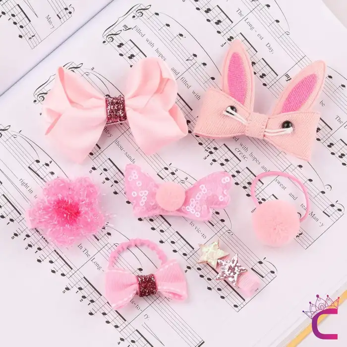 18li Hediyelik Çanta Kutulu Bebek Toka Seti Pembe - Kız Çocuk Taç Fiyonk Çıtçıt Lastik Saç Tokası