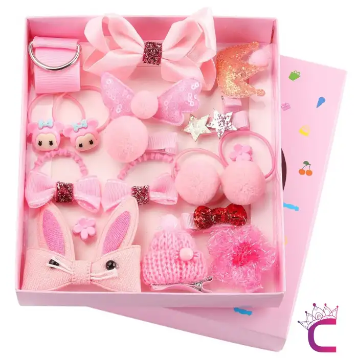 18li Hediyelik Çanta Kutulu Bebek Toka Seti Pembe - Kız Çocuk Taç Fiyonk Çıtçıt Lastik Saç Tokası