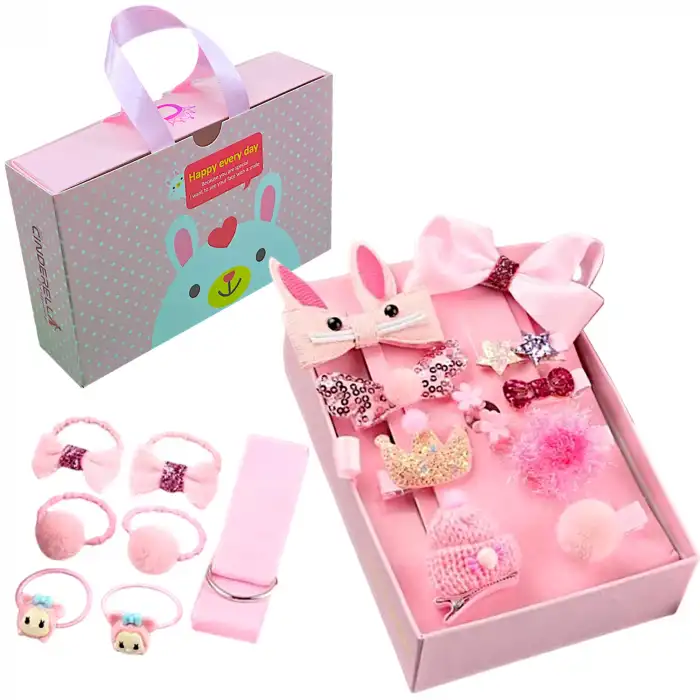 18li Hediyelik Çanta Kutulu Bebek Toka Seti Pembe - Kız Çocuk Taç Fiyonk Çıtçıt Lastik Saç Tokası