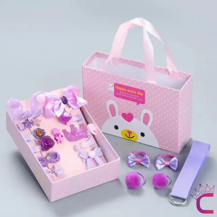 18li Lila Hediyelik Çanta Kutulu Kız Bebek Toka Seti - Çocuk Yıldız Fiyonk Lastik Pens Saç Tokası