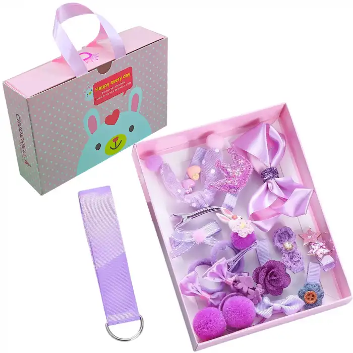 18li Lila Hediyelik Çanta Kutulu Kız Bebek Toka Seti - Çocuk Yıldız Fiyonk Lastik Pens Saç Tokası