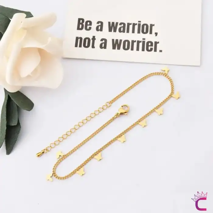 18k Altın Kaplama Paslanmaz Çelik Gold Kelebekli Kadın Halhal - Ayak Bilekliği Zinciri Halhal