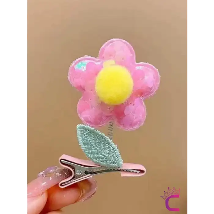 2li 3D Boyutlu Pembe Sarı Ponponlu Pullu Çiçekli Yeşil Yapraklı Sallanan Pens Toka Seti Saç Tokası