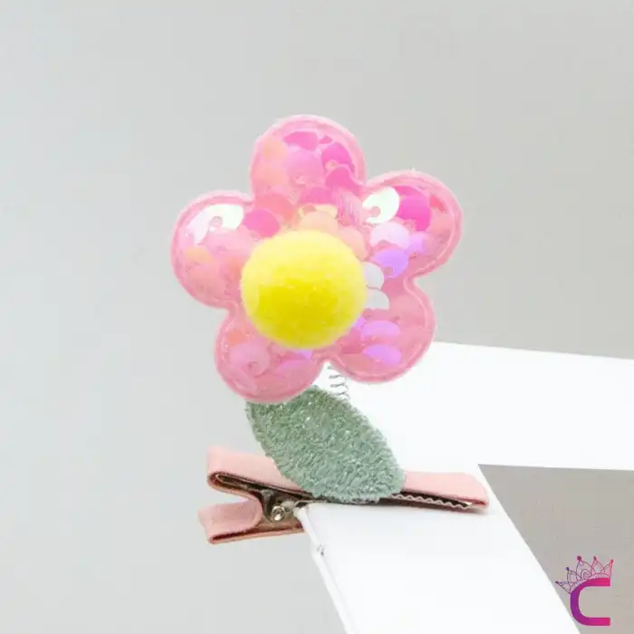 2li 3D Boyutlu Pembe Sarı Ponponlu Pullu Çiçekli Yeşil Yapraklı Sallanan Pens Toka Seti Saç Tokası