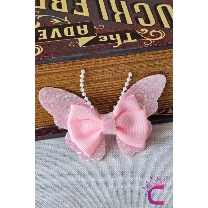 2li Bebek Pembe Simli İncili Taşlı Fiyonk Kelebek Toka Seti 8cm - Çocuk Kelebekli Pens Saç Tokası