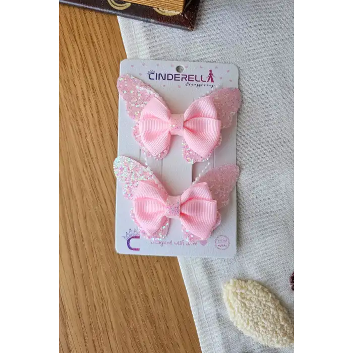 2li Bebek Pembe Simli İncili Taşlı Fiyonk Kelebek Toka Seti 8cm - Çocuk Kelebekli Pens Saç Tokası