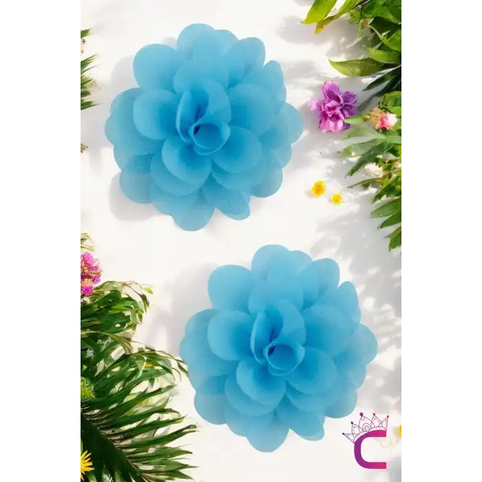 2li Chiffon Flower Kız Çocuk Toka Seti Açık Mavi - Çiçekli Bebek Çocuk Saç Tokası Klips Pens Toka