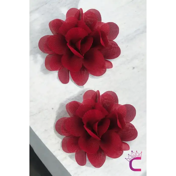 2li Chiffon Flower Kız Çocuk Toka Seti Bordo - Çiçekli Bebek Çocuk Saç Tokası Çıtçıt Pens Toka