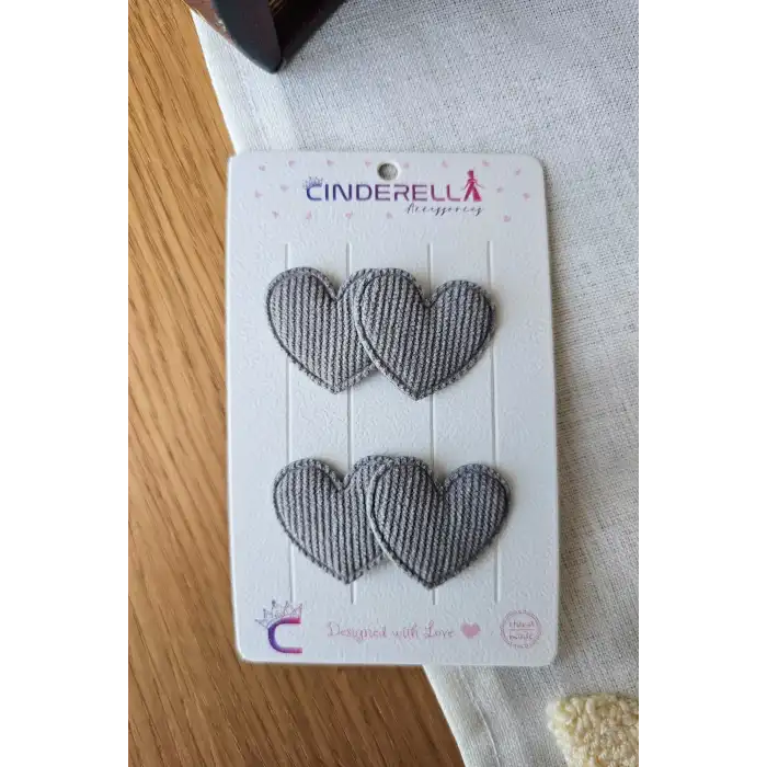 2li Çift Kalpli Gri Renkli Saçsız Bebek Tokası - Hediyelik Az Saçlı Kız Bebek Toka Seti Hediyesi