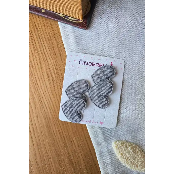 2li Çift Kalpli Gri Renkli Saçsız Bebek Tokası - Hediyelik Az Saçlı Kız Bebek Toka Seti Hediyesi