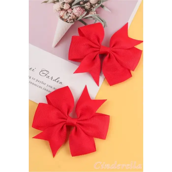 2li Çocuk Saten Fiyonk Toka Seti Kırmızı - 23 Nisan Kurdele Fiyonklu Klips Pens Saç Tokası