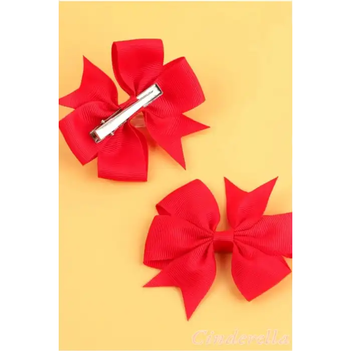 2li Çocuk Saten Fiyonk Toka Seti Kırmızı - 23 Nisan Kurdele Fiyonklu Klips Pens Saç Tokası