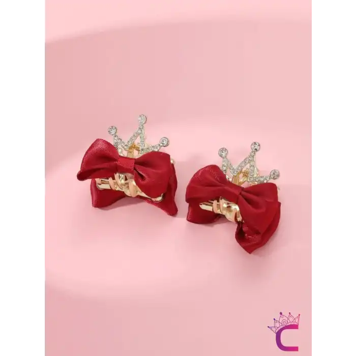 2li Fiyonk Kurdele Kraliçe Taçlı Kristal Taşlı Saç Tokası Kırmızı - Çocuk Doğum Günü Prenses Tacı