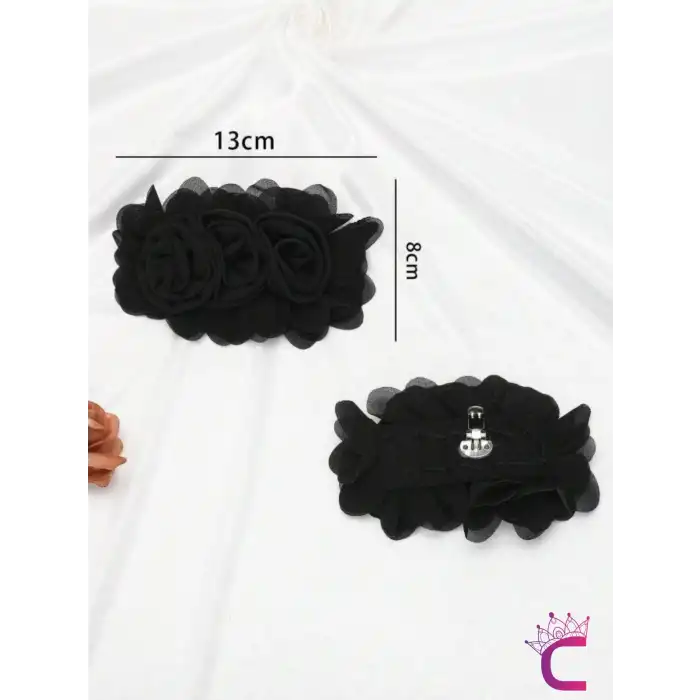 2li Fransız Tarz Siyah Çiçekli Çıkarılabilir Klipsli Ayakkabı Süsü - Sandalet Babet Tokası Charmı