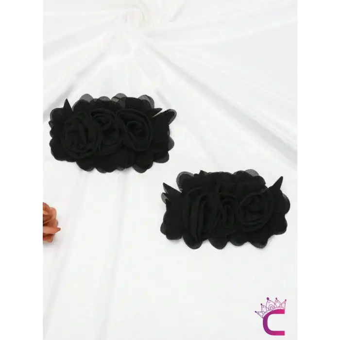 2li Fransız Tarz Siyah Çiçekli Çıkarılabilir Klipsli Ayakkabı Süsü - Sandalet Babet Tokası Charmı