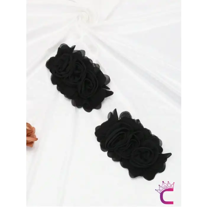 2li Fransız Tarz Siyah Çiçekli Çıkarılabilir Klipsli Ayakkabı Süsü - Sandalet Babet Tokası Charmı