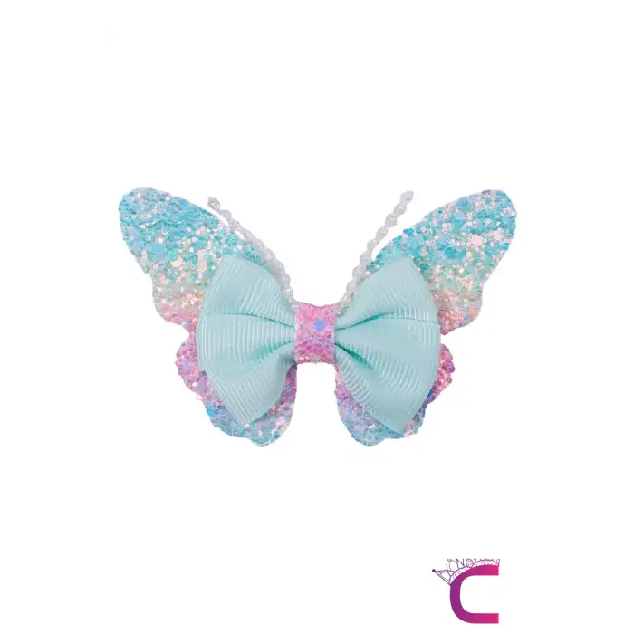 2li Gökkuşağı Renkli Simli İncili Kız Çocuk Fiyonklu Kurdeleli Mavi Kelebekli Pens Toka Seti 8cm