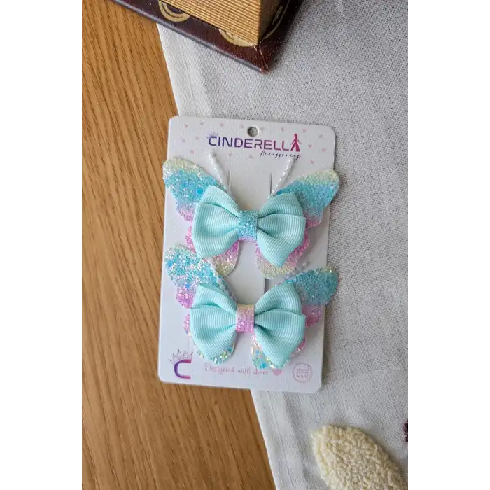 2li Gökkuşağı Renkli Simli İncili Kız Çocuk Fiyonklu Kurdeleli Mavi Kelebekli Pens Toka Seti 8cm