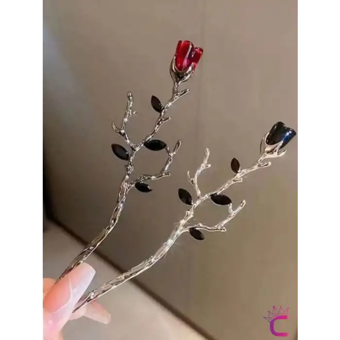 2li Gothic Siyah Kırmızı Gül Metal Topuz Saç Tokası 17cm - Hediyelik Çin Japon Tarz Çubuk Toka