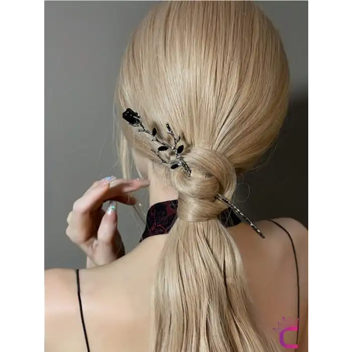 2li Gothic Siyah Kırmızı Gül Metal Topuz Saç Tokası 17cm - Hediyelik Çin Japon Tarz Çubuk Toka