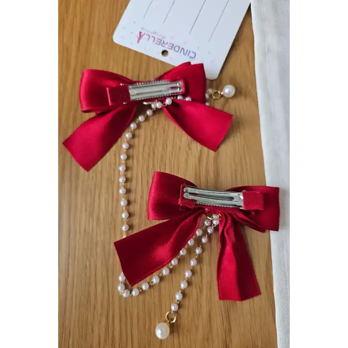 2li İncili Sallantılı Kırmızı Fiyonk Pens Toka Seti - Zarif Kız Çocuk Kurdeleli Fiyonklu Saç Tokası