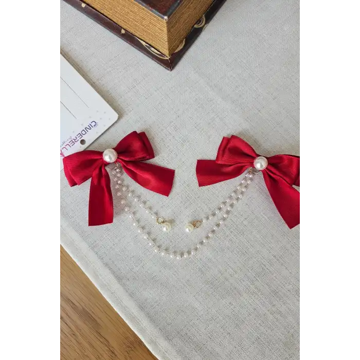 2li İncili Sallantılı Kırmızı Fiyonk Pens Toka Seti - Zarif Kız Çocuk Kurdeleli Fiyonklu Saç Tokası