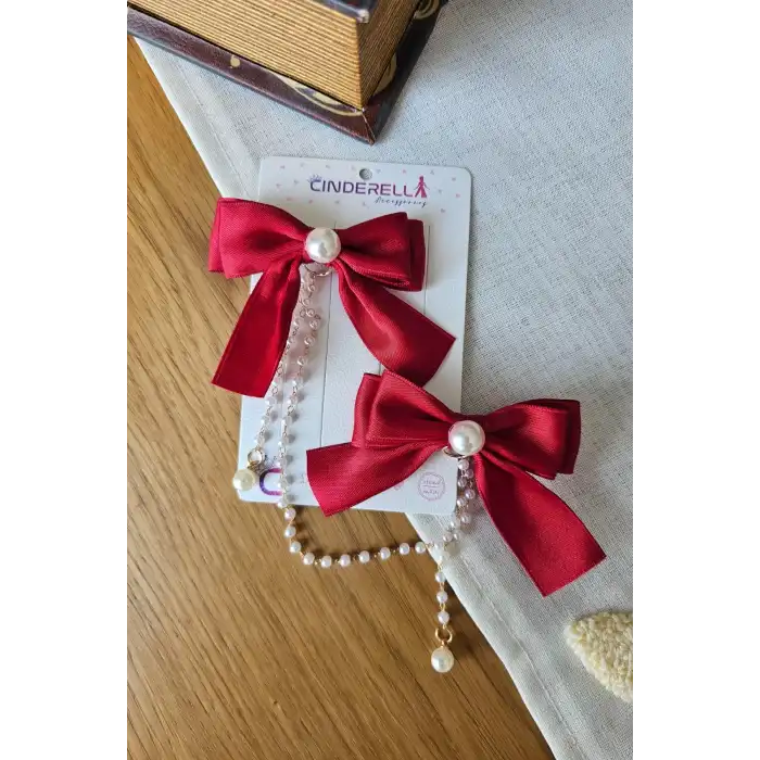 2li İncili Sallantılı Kırmızı Fiyonk Pens Toka Seti - Zarif Kız Çocuk Kurdeleli Fiyonklu Saç Tokası