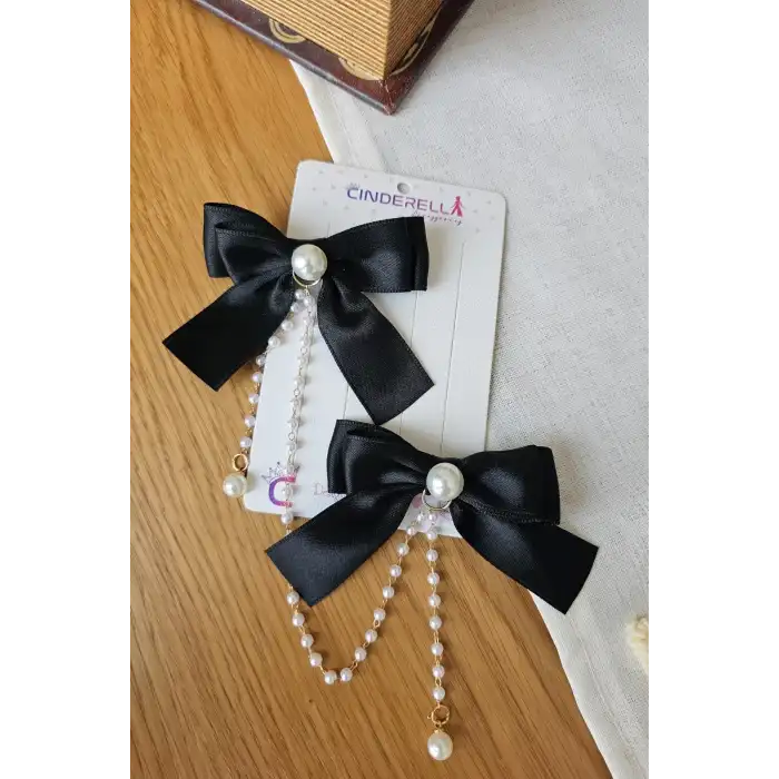 2li İncili Sallantılı Siyah Fiyonk Pens Toka Seti - Zarif Kız Çocuk Kurdeleli Klipsli Saç Tokası