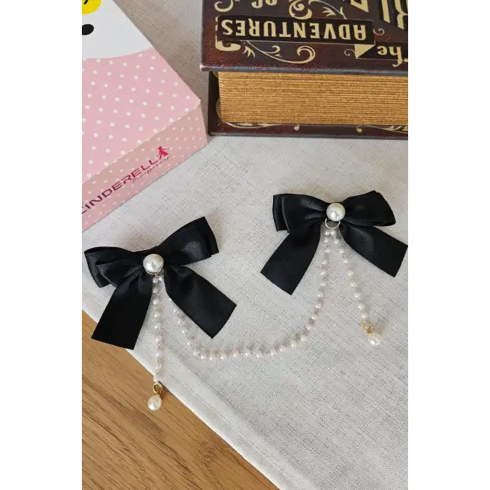 2li İncili Sallantılı Siyah Fiyonk Pens Toka Seti - Zarif Kız Çocuk Kurdeleli Klipsli Saç Tokası