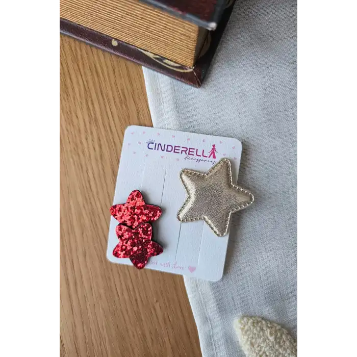 2li Kırmızı Gold Renkli Yıldızlı Yumuşak Saçsız Bebek Tokası - Az Saçlı Kız Bebek Çıt Çıt Toka Seti