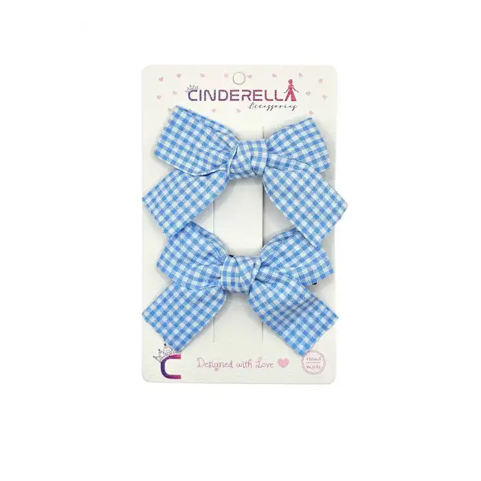 2li Kız Çocuk Çizgili Fiyonk Toka Seti Mavi Beyaz Renkli - Bebek Fiyonklu Kurdele Pens Saç Tokası