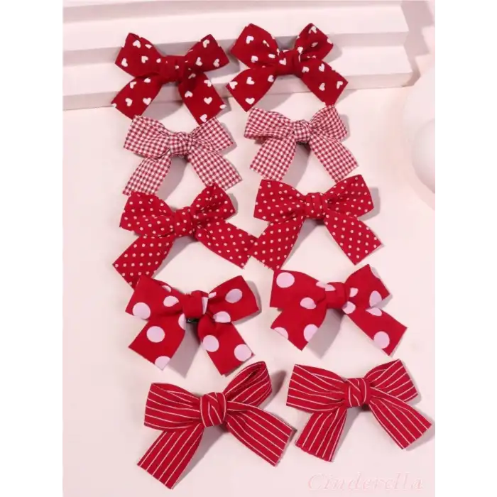 2li Kız Çocuk Fiyonk Pens Toka Seti Kırmızı Tonlu - Kurdele Fiyonklu Klips Saç Tokası Model-1