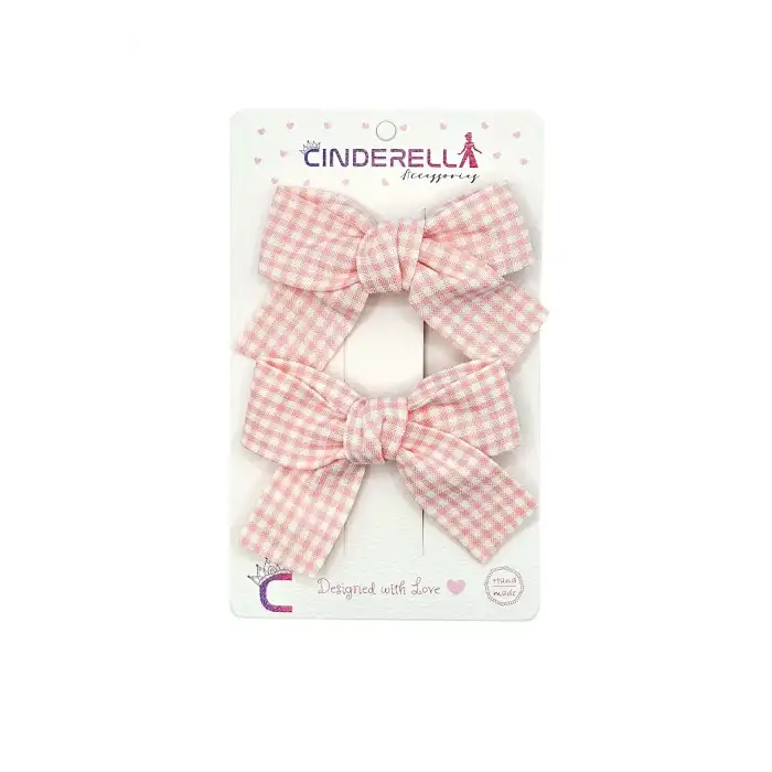 2li Kız Çocuk Fiyonk Toka Seti Pembe Beyaz Çizgili - Fiyonklu Kurdele Klips Pens Bebek Saç Tokası