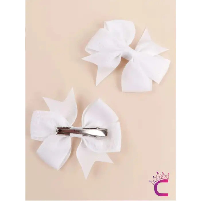 2li Kız Çocuk Grogren Saten Fiyonk Toka Seti Beyaz - Fiyonklu Kurdele Klips Pens Saç Tokası