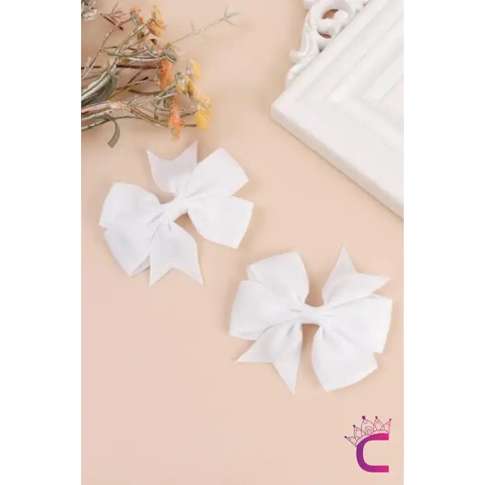 2li Kız Çocuk Grogren Saten Fiyonk Toka Seti Beyaz - Fiyonklu Kurdele Klips Pens Saç Tokası