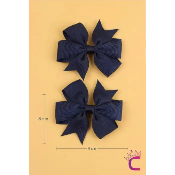 2li Kız Çocuk Grogren Saten Fiyonk Toka Seti Lacivert - Fiyonklu Kurdele Klips Pens Saç Tokası