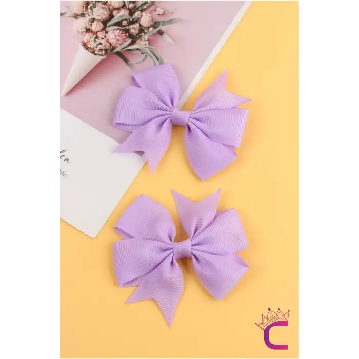 2li Kız Çocuk Grogren Saten Fiyonk Toka Seti Lila Renk - Fiyonklu Kurdele Klips Pens Saç Tokası