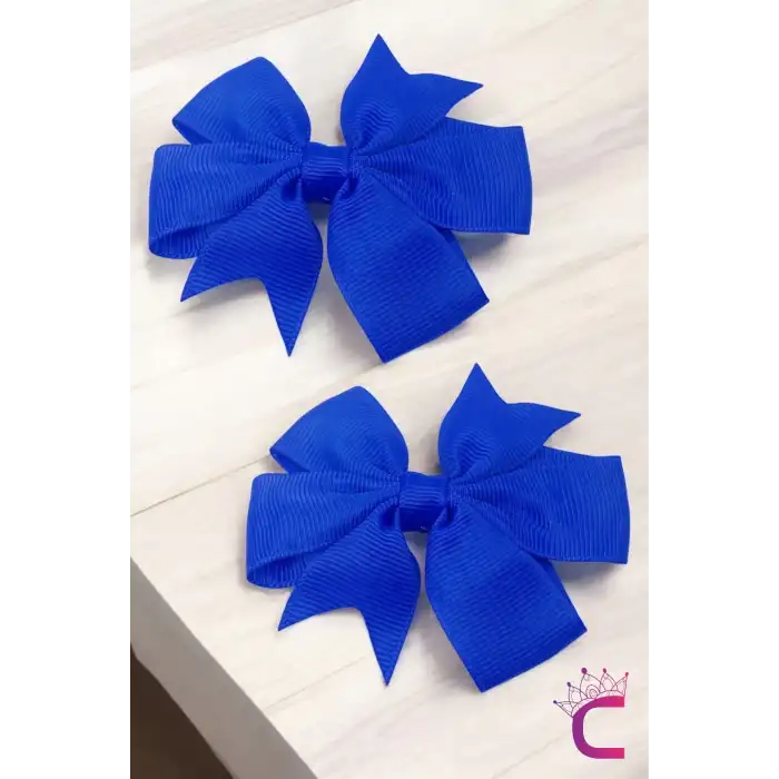 2li Kız Çocuk Grogren Saten Fiyonk Toka Seti Royal Mavi - Fiyonklu Kurdele Klips Pens Saç Tokası