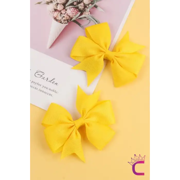 2li Kız Çocuk Grogren Saten Fiyonk Toka Seti Sarı - Fiyonklu Kurdele Klips Pens Saç Tokası