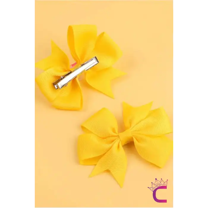 2li Kız Çocuk Grogren Saten Fiyonk Toka Seti Sarı - Fiyonklu Kurdele Klips Pens Saç Tokası