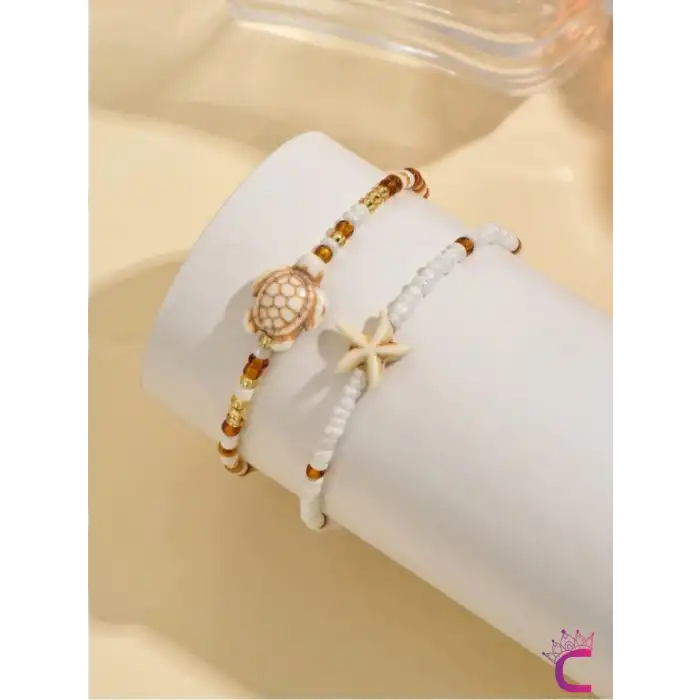 2li Kombin Caretta Bohem Gold Bakır Boncuklu Halhal - Deniz Yıldızlı Plaj Aksesuar Ayak Takısı